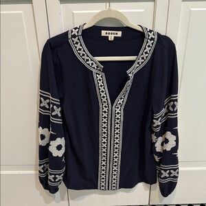 Boden Blue and White Graphic Embellished Blouse